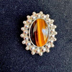 Genuine Tigers Eye Stone with Mexican 925 Silver Brooch